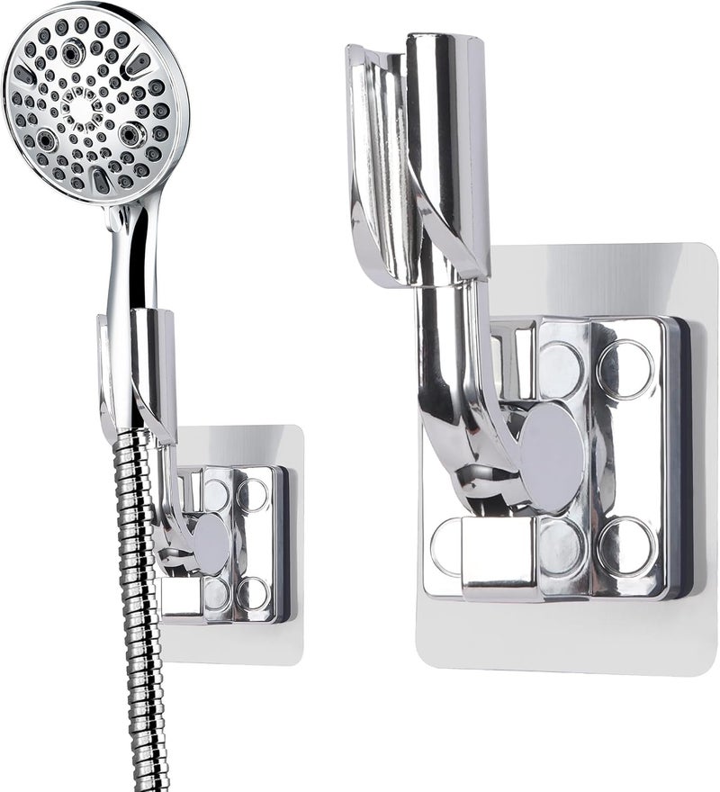 Excefore Shower Head Holder, 2 Pcs Adjustable Shower Bracket, No Drilling Strong Paste Shower Holder, Wall Mount Shower Head Holder, Silver - Image 1