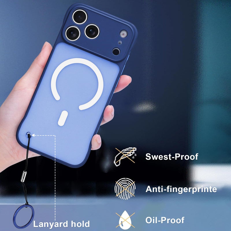 Omio Magnetic Slim Case for iPhone 17 Pro Compatible with MagSafe, Clear Matte Ultra-Thin Bumper Frameless Borderless Design with Finger Loop Full Camera Protection for Women Men, Deep Blue - Image 5