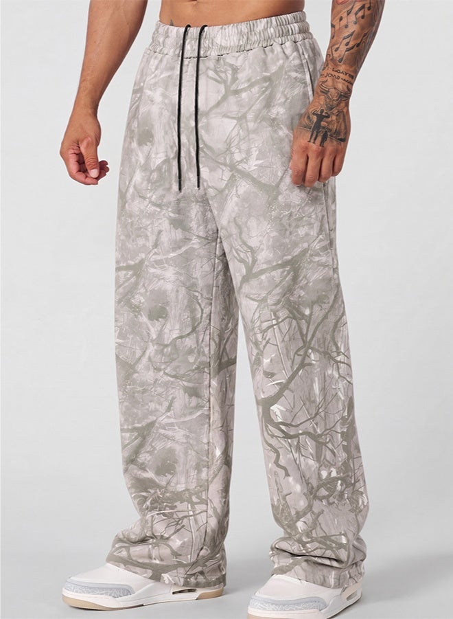 Men's Fashionable Street Y2K Style Full Camouflage Print Lightweight And Comfortable For All Seasons Sweatpants, Men's Loose Straight Leg Joggers, Outdoor Retro Loose Long Sweatpants, Essential Item, Loose Pants, Men's Camouflage Pants, Suitable For Rave Parties, Must-Have Item - Image 1