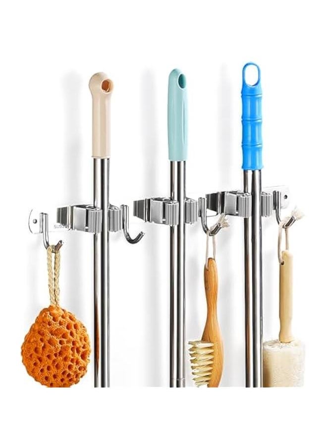 HOOKOR Mop and Broom Holder Wall Mount, Upgraded Broom Organizer Wall Mount, Stainless Steel Broom Hanger Wall Mount for Home Kitchen Garden Laundry Garage (3 Racks with 4 Hooks)  - Image 1