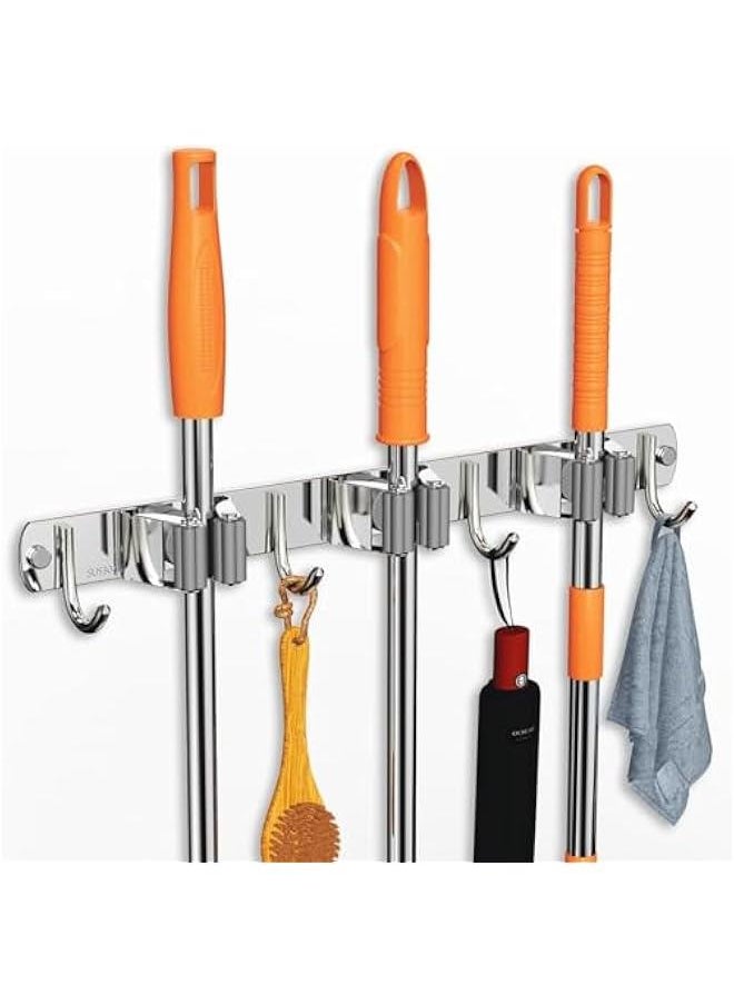 HOOKOR Mop and Broom Holder Wall Mount, Upgraded Broom Organizer Wall Mount, Stainless Steel Broom Hanger Wall Mount for Home Kitchen Garden Laundry Garage (3 Racks with 4 Hooks)  - Image 2