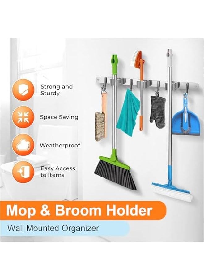 HOOKOR Mop and Broom Holder Wall Mount, Upgraded Broom Organizer Wall Mount, Stainless Steel Broom Hanger Wall Mount for Home Kitchen Garden Laundry Garage (3 Racks with 4 Hooks)  - Image 4