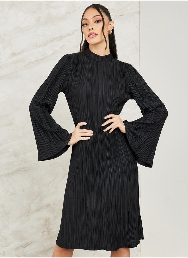 Styli - Plisse Knee Length Dress with Bell Sleeve - Image 1