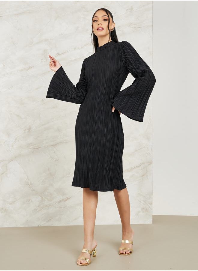 Styli - Plisse Knee Length Dress with Bell Sleeve - Image 1