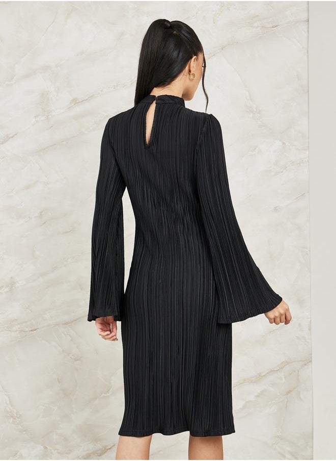 Styli - Plisse Knee Length Dress with Bell Sleeve - Image 1