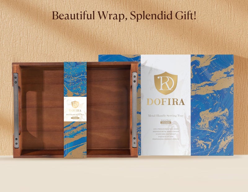 Dofira Acacia Wood Serving Tray with Metal Handles, 17x13in Food Drinks Tray for Coffee Table, Breakfast, Dinner & Bar, Rustic Decorative Storage Tray for Ottoman, Kitchen, Elegent Gift Packaging - Image 2