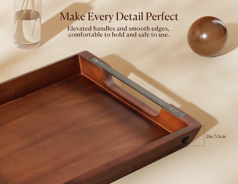 Dofira Acacia Wood Serving Tray with Metal Handles, 17x13in Food Drinks Tray for Coffee Table, Breakfast, Dinner & Bar, Rustic Decorative Storage Tray for Ottoman, Kitchen, Elegent Gift Packaging - Image 4