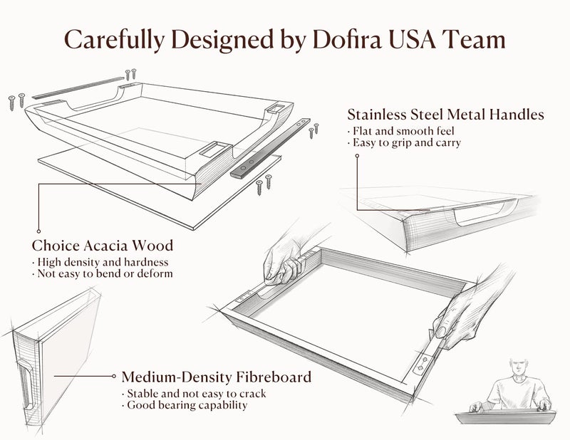 Dofira Acacia Wood Serving Tray with Metal Handles, 17x13in Food Drinks Tray for Coffee Table, Breakfast, Dinner & Bar, Rustic Decorative Storage Tray for Ottoman, Kitchen, Elegent Gift Packaging - Image 3