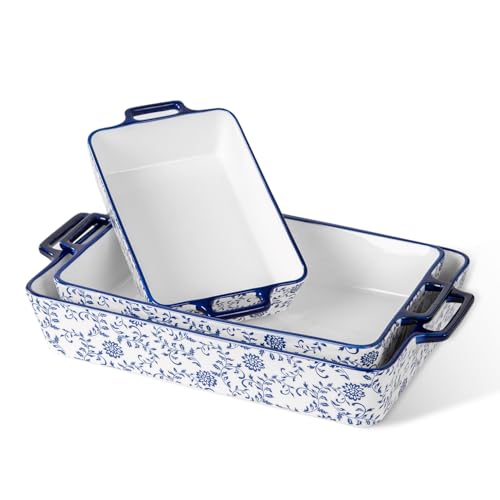 Cerkik Ceramic Bakeware Set - Casserole Dish Baking Dishes for Oven - Rectangular Lasagna Pans with Handles for Kitchen Cooking - Microwave & Dishwasher Safe - Set of 3 (15.1''/13.6''/9.9'') - Blue - Image 1