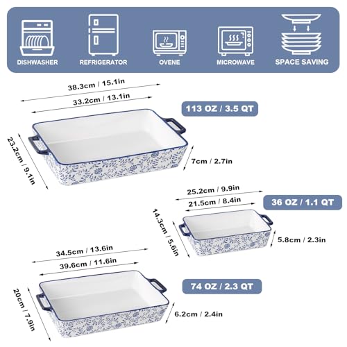 Cerkik Ceramic Bakeware Set - Casserole Dish Baking Dishes for Oven - Rectangular Lasagna Pans with Handles for Kitchen Cooking - Microwave & Dishwasher Safe - Set of 3 (15.1''/13.6''/9.9'') - Blue - Image 3