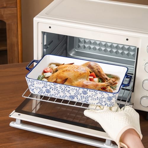 Cerkik Ceramic Bakeware Set - Casserole Dish Baking Dishes for Oven - Rectangular Lasagna Pans with Handles for Kitchen Cooking - Microwave & Dishwasher Safe - Set of 3 (15.1''/13.6''/9.9'') - Blue - Image 5