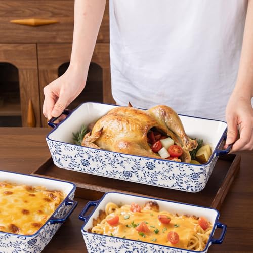 Cerkik Ceramic Bakeware Set - Casserole Dish Baking Dishes for Oven - Rectangular Lasagna Pans with Handles for Kitchen Cooking - Microwave & Dishwasher Safe - Set of 3 (15.1''/13.6''/9.9'') - Blue - Image 2