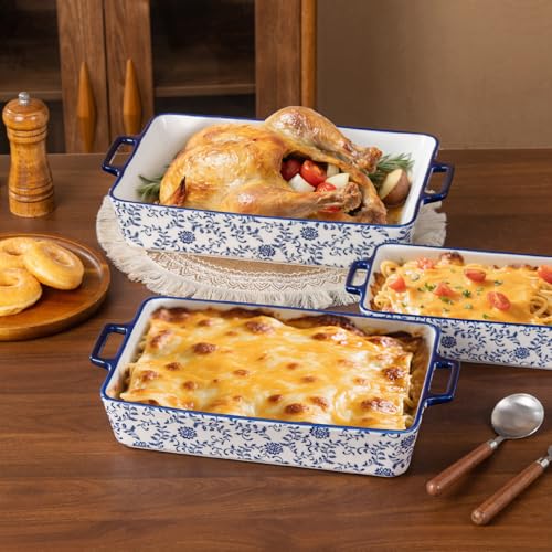 Cerkik Ceramic Bakeware Set - Casserole Dish Baking Dishes for Oven - Rectangular Lasagna Pans with Handles for Kitchen Cooking - Microwave & Dishwasher Safe - Set of 3 (15.1''/13.6''/9.9'') - Blue - Image 4