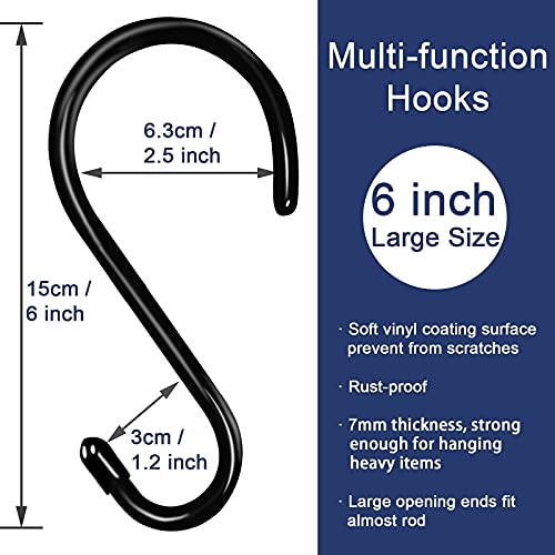 HiGift 6 Inch Large S Hooks for Hanging Plants, Non Slip Vinyl Coated S Hooks Heavy Duty, Metal Black Closet Hanger Hooks for Hanging Plant Jeans Pot Pan Clothes Purses Towel Bags Scarfs- 8 Pack - Image 2