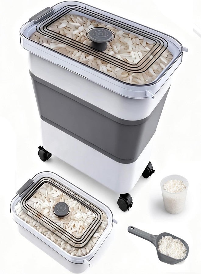 Komzon Rice Storage Container, Collapsible Airtight Food Storage Containers 20-30lbs with Clear Lid and Wheels, Rice Dispenser with Scoop for Flour Cereal Pasta Grain, Cat Pet Bird Dog Food Storage Container - Image 1