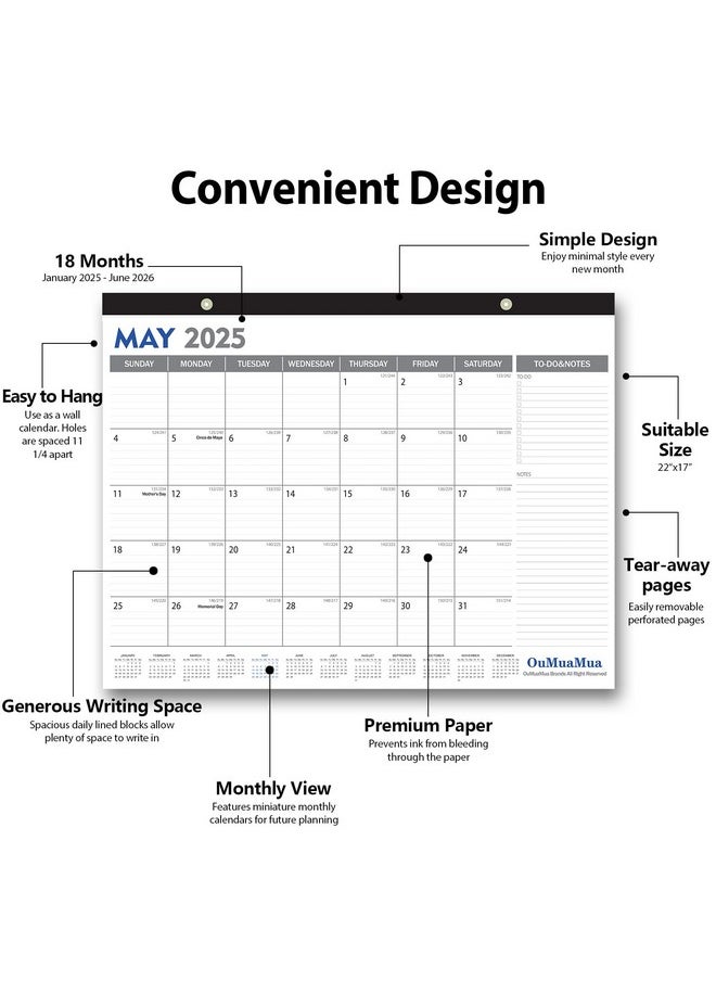 Large Desk Calendar 2025-18 Months From Jan. 2025 Through June. 2026, 22 X 17 Inches Desktop Wall Calendar With Julian Date To-Do & Notes, Corner Protectors For School Home Office