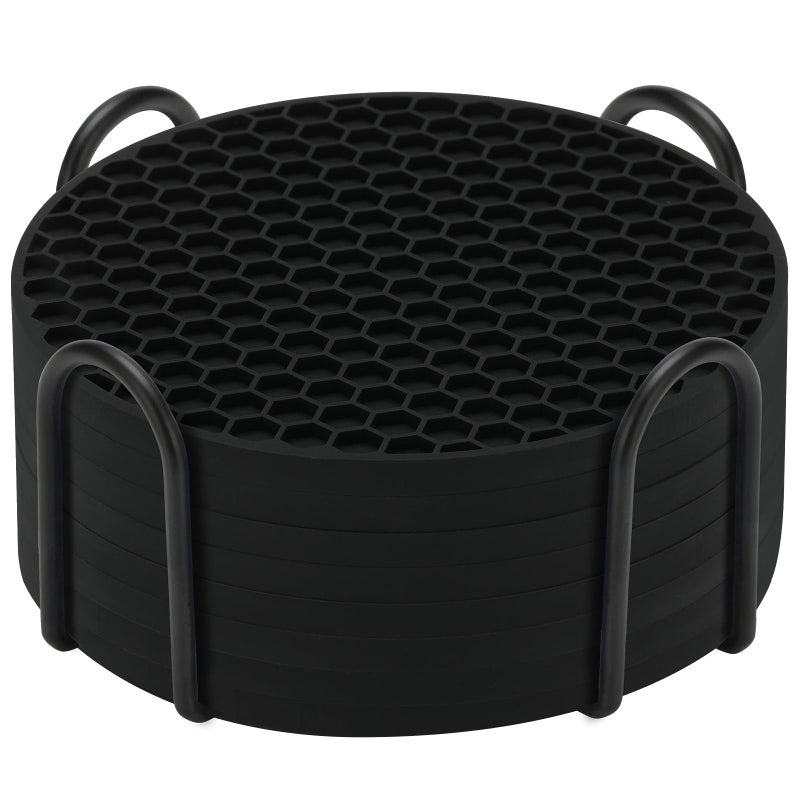 TWTLi Silicone Coasters Set of 8 with Holder Coasters for Drinks Beer Coffee Coasters Suitable for Kinds Cups Hot or Cold Anti-SLI Non-Stick Anti-Overflow Tabletop Protection and Decor (8 Pcs  Black) - Image 1