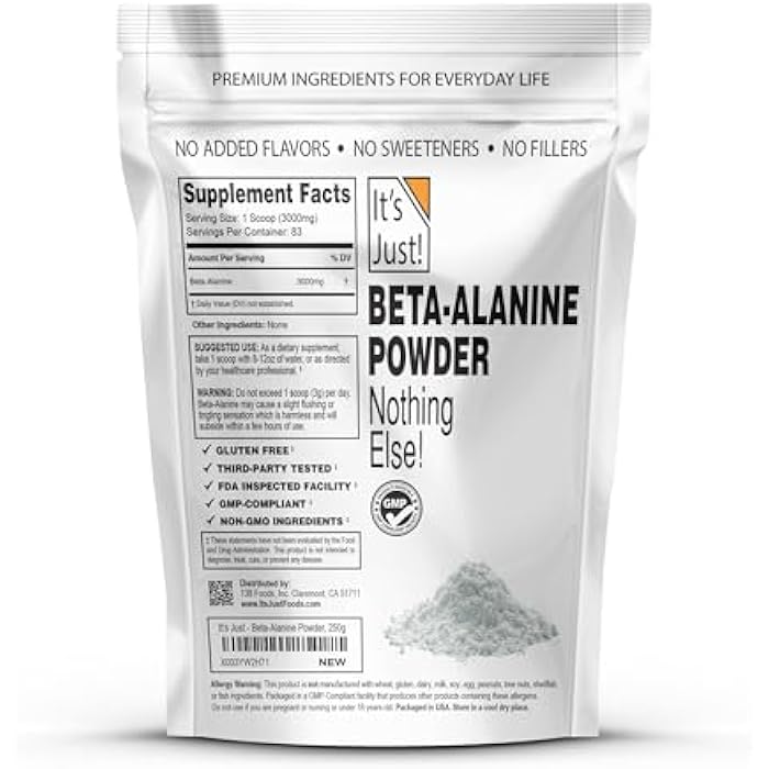 It's Just! - Beta-Alanine Powder, Pre-Workout Supplement, 250g Bulk, Unflavored, 3000mg Per Serving (250g / 83 Servings) - Image 2