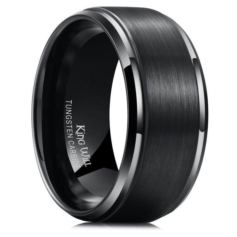 King Will 10mm Mens Black and Silver Wedding Band, Brushed Two Tone Tungsten Carbide Ring Polished Finish Rings, Comfort Fit, Size 6 - Image 1