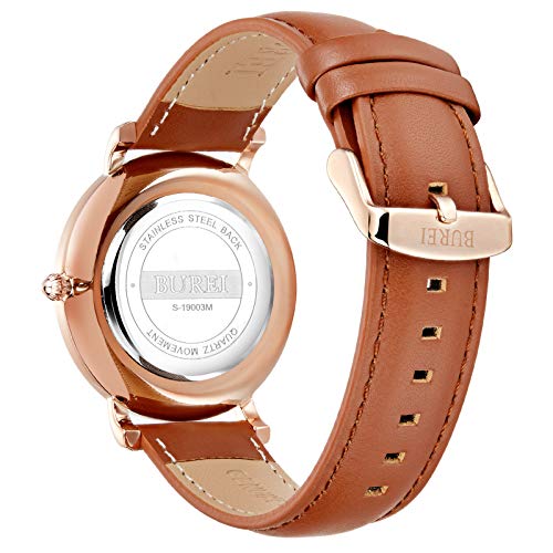 BUREI Men's Fashion Minimalist Wrist Watch Waterproof Watches Simple Ultra Thin Watches Analog Quartz Date with Brown Black Leather Strap - Image 2