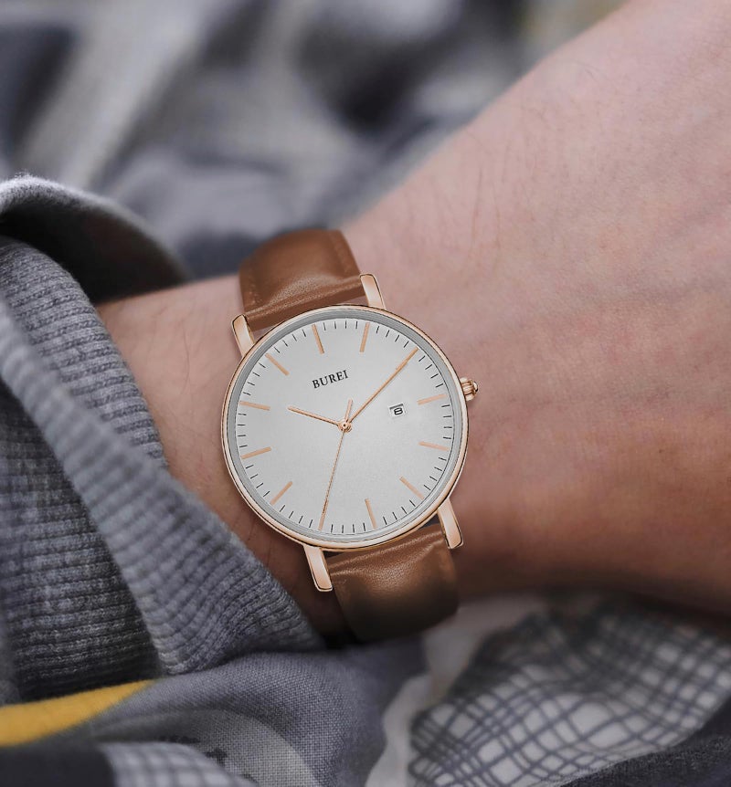 BUREI Men's Fashion Minimalist Wrist Watch Waterproof Watches Simple Ultra Thin Watches Analog Quartz Date with Brown Black Leather Strap - Image 4