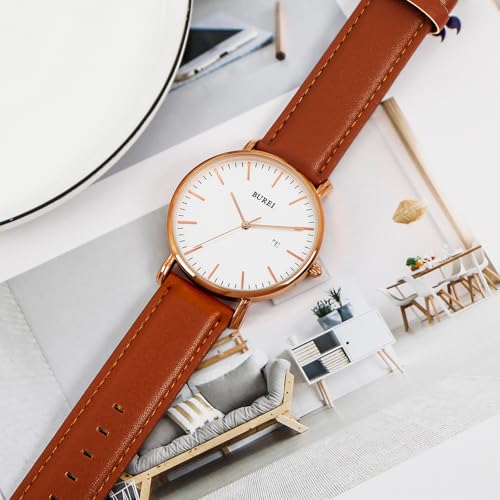 BUREI Men's Fashion Minimalist Wrist Watch Waterproof Watches Simple Ultra Thin Watches Analog Quartz Date with Brown Black Leather Strap - Image 3