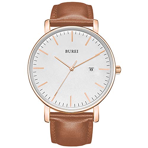 BUREI Men's Fashion Minimalist Wrist Watch Waterproof Watches Simple Ultra Thin Watches Analog Quartz Date with Brown Black Leather Strap - Image 1