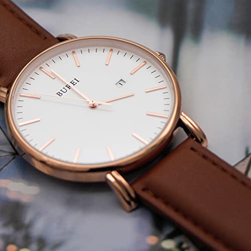 BUREI Men's Fashion Minimalist Wrist Watch Waterproof Watches Simple Ultra Thin Watches Analog Quartz Date with Brown Black Leather Strap - Image 5