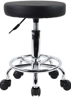 PU Leather Round Rolling Stool with Footrest – Adjustable Swivel Task Chair for Salon, Office, Spa & Tattoo Work (Black)
