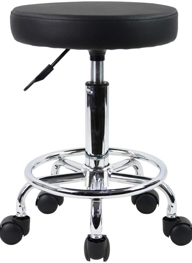 Generic PU Leather Round Rolling Stool with Footrest – Adjustable Swivel Task Chair for Salon, Office, Spa & Tattoo Work (Black)  - Image 1