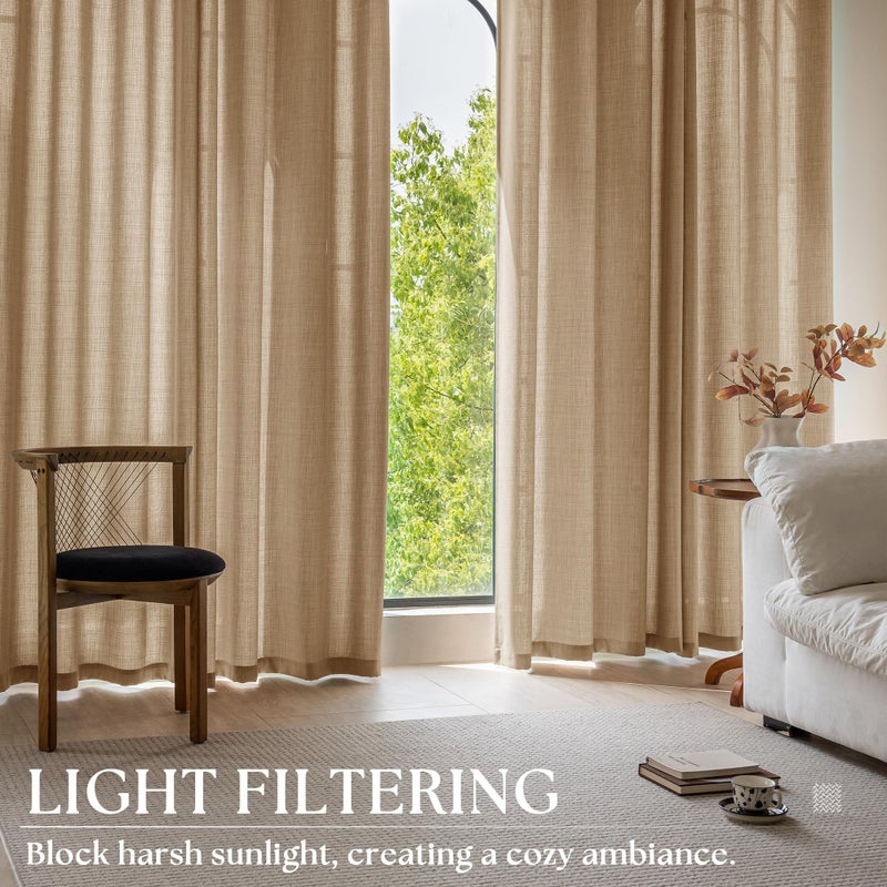 DUKIYO Dark Flax 102 Inch Linen Curtains 2 Panels Set Grommet Light Filter Burlap Linen Drapes Boho Farmhouse Semi Sheer Window Curtain 102 Inches Length Tan Brown Living Room Sliding Glass Patio Door - Image 5