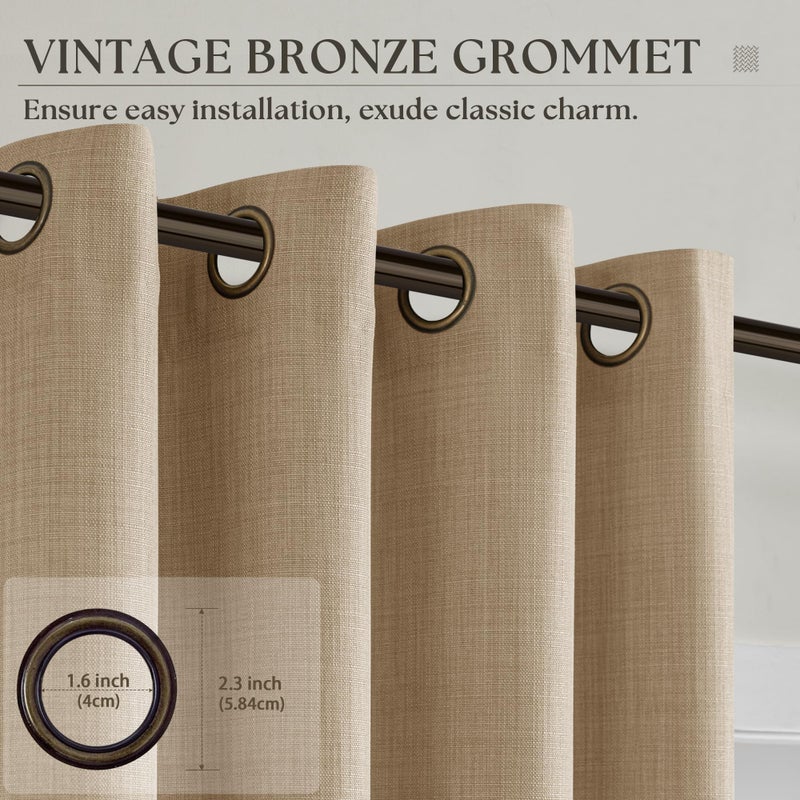 DUKIYO Dark Flax 102 Inch Linen Curtains 2 Panels Set Grommet Light Filter Burlap Linen Drapes Boho Farmhouse Semi Sheer Window Curtain 102 Inches Length Tan Brown Living Room Sliding Glass Patio Door - Image 3