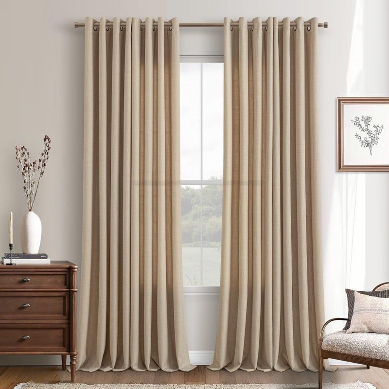 DUKIYO Dark Flax 102 Inch Linen Curtains 2 Panels Set Grommet Light Filter Burlap Linen Drapes Boho Farmhouse Semi Sheer Window Curtain 102 Inches Length Tan Brown Living Room Sliding Glass Patio Door - Image 1