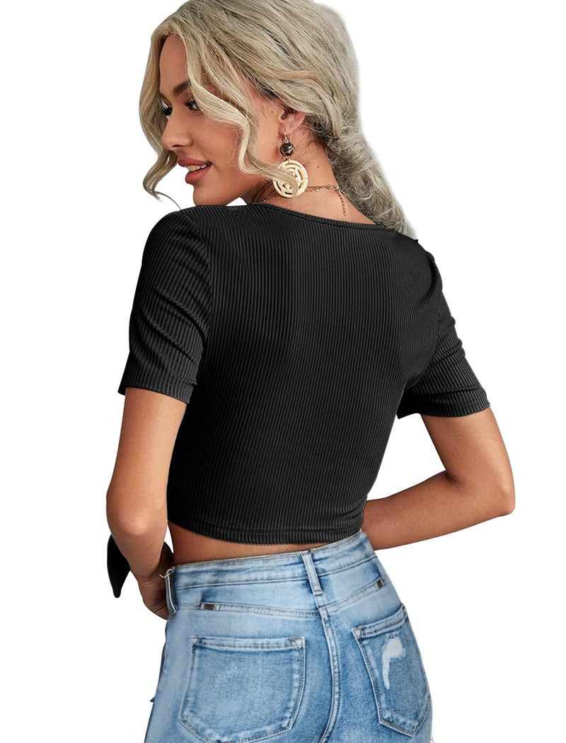 Glanzition Womens Summer Tops Unique Black Crop Top Casual Tie Up Deep V Neck Wrap Shirts S - Image 5
