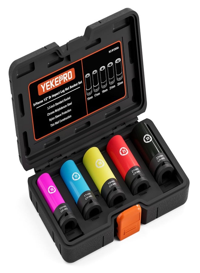 YEKEPRO 5 Pieces 1/2 inch Drive Impact Lug Nut Socket, Metric 15 17 19 21 22 MM Thin Wall Deep Socket Set with Non-Marring Wheel Protectors - Image 1