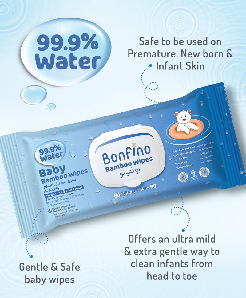 Bonfino مناديل أطفال مائية 99.9% - 60 قطعة - Image 3