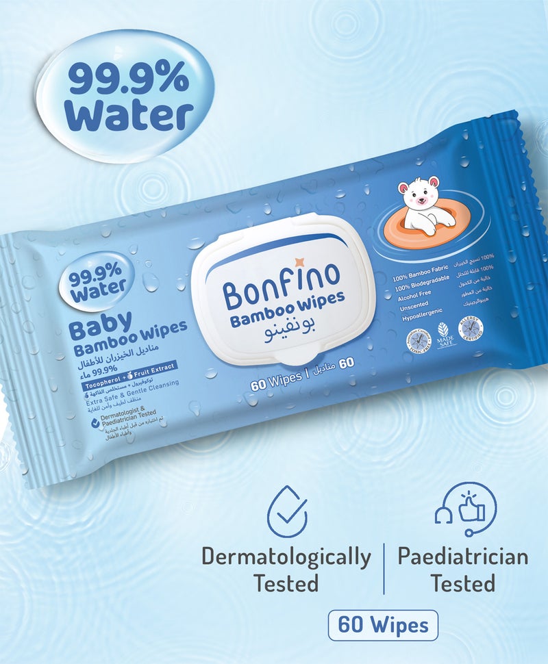 Bonfino مناديل أطفال مائية 99.9% - 60 قطعة - Image 1