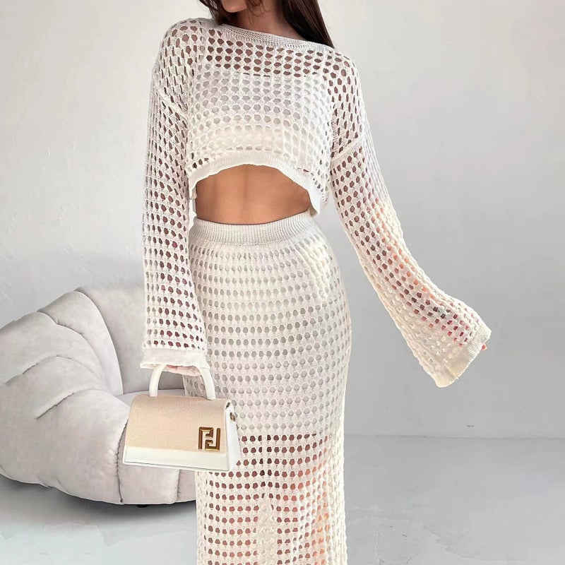 2024 Spring and Summer Fashion Hollow-out Dress Thin Knitted Mesh Woven Two-piece Long-sleeved Top Half-length Dress Apricot