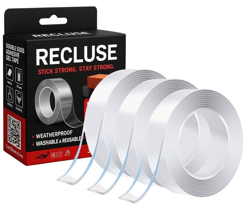 RECLUSE شريط لاصق مزدوج الجوانب بسمك 1 مم، شريط نانو، شريط تثبيت مزدوج الجوانب، شريط مزدوج الجوانب ثقيل الوزن للجدران، شريط جدران، شريط لاصق شفاف لصور الملصقات - Image 1