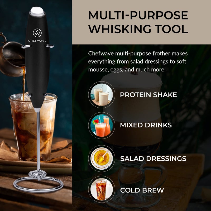 ChefWave Handheld Milk Frother (Black) with Stand - Image 2