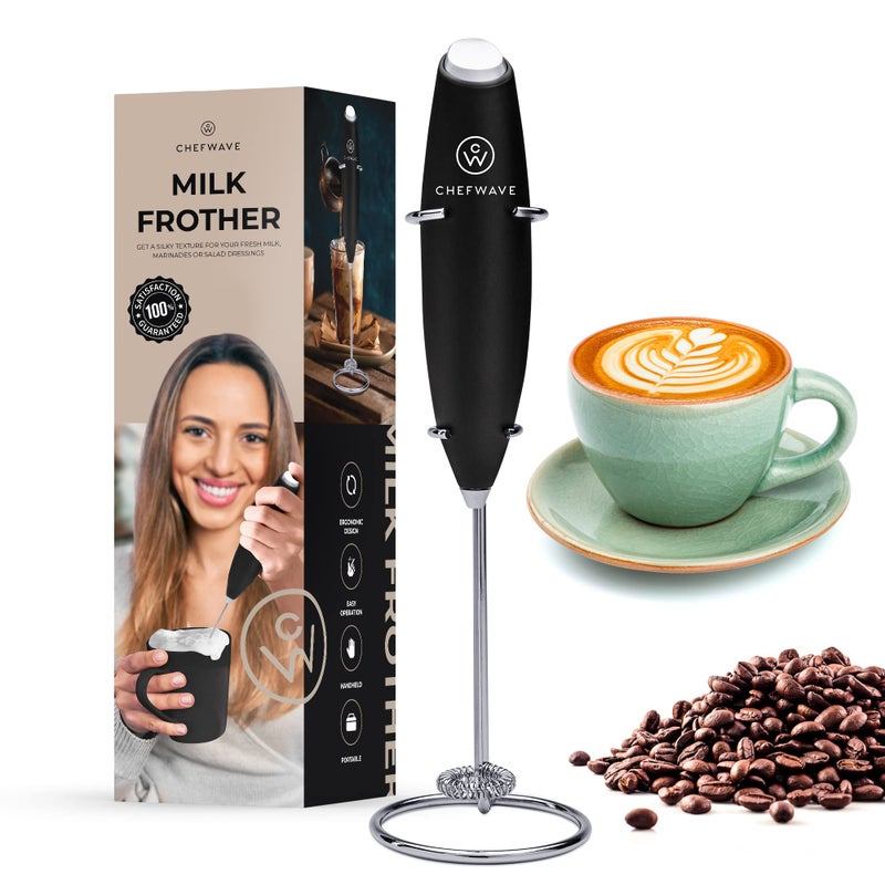 ChefWave Handheld Milk Frother (Black) with Stand - Image 1