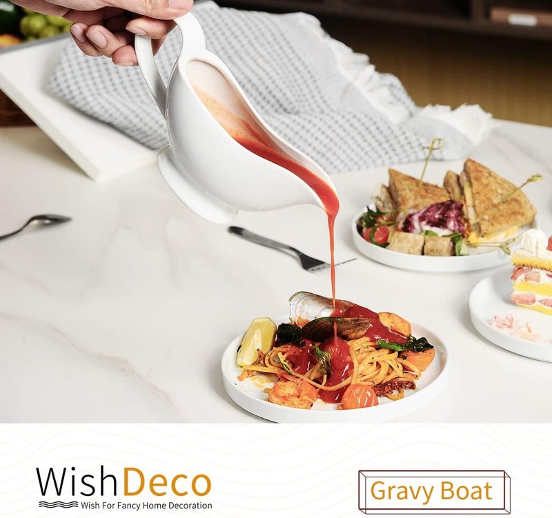 WishDeco White Gravy Boat, 8.5 oz Ceramic Gravy Jug, Small Sauce Jug with Smooth Handle, Porcelain Sauce Boat for Salad Dressing, Broth, Cream, Milk - Image 2