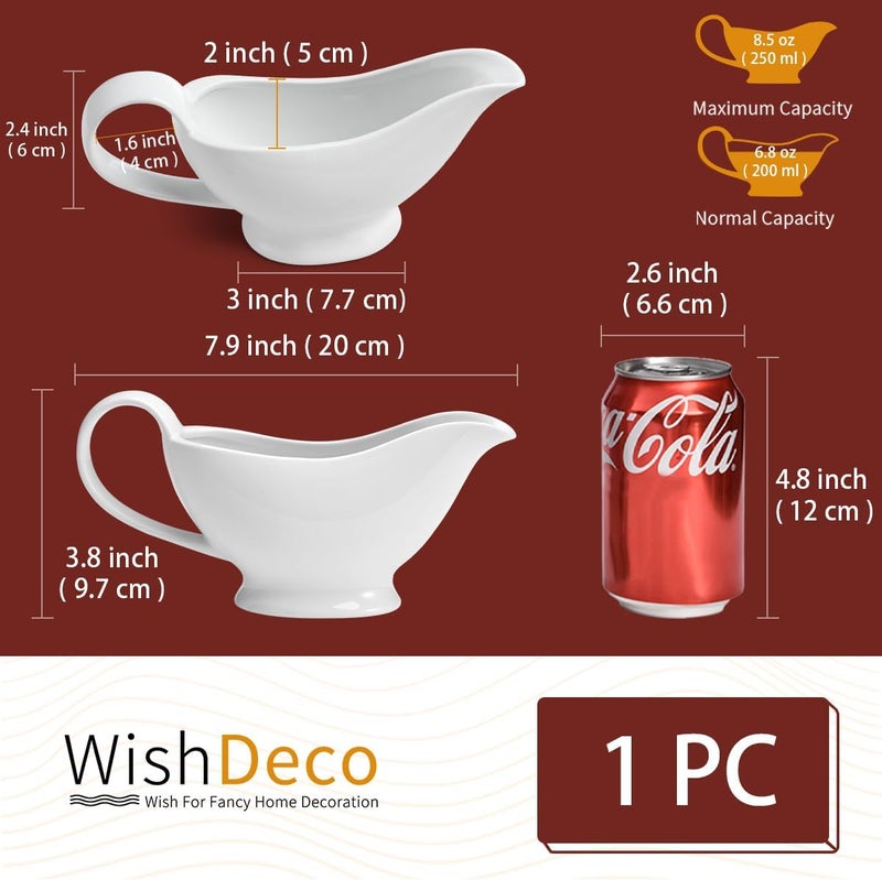 WishDeco White Gravy Boat, 8.5 oz Ceramic Gravy Jug, Small Sauce Jug with Smooth Handle, Porcelain Sauce Boat for Salad Dressing, Broth, Cream, Milk - Image 3