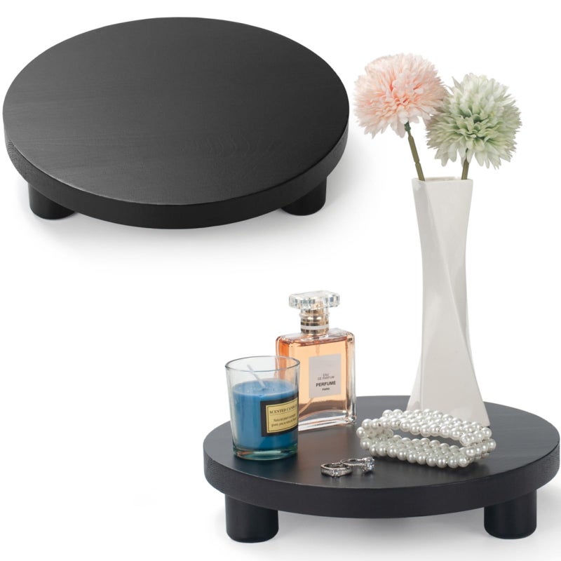 DEAMACE Wood Riser for Decor, 2 Pack Wood Pedestal Stand for Display, Round Wooden Tray for Kitchen Counter, Wooden Pedestal Stand for Plant Pot Indoor (Round - Black) - Image 1