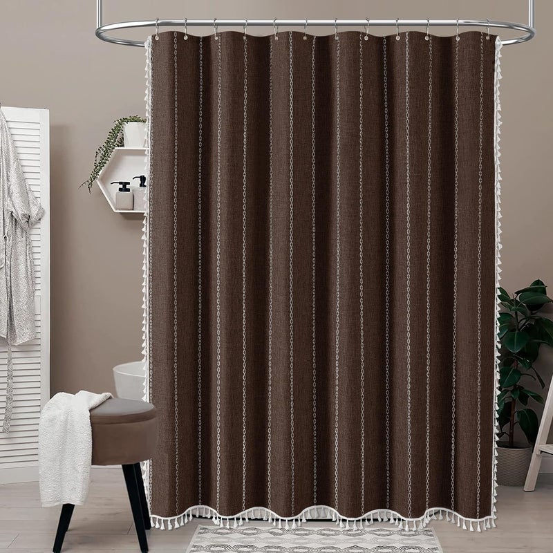 BTTN Boho Shower Curtain, Bohemian Linen Fabric Heavy Duty Striped Shower Curtains Set with Tassel, Water Repellent, Farmhouse Aesthetic Shower Curtain for Bathrooms with Hooks, 72"x72", Brown - Image 2
