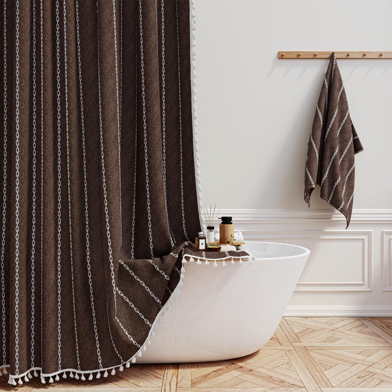 BTTN Boho Shower Curtain, Bohemian Linen Fabric Heavy Duty Striped Shower Curtains Set with Tassel, Water Repellent, Farmhouse Aesthetic Shower Curtain for Bathrooms with Hooks, 72"x72", Brown - Image 1