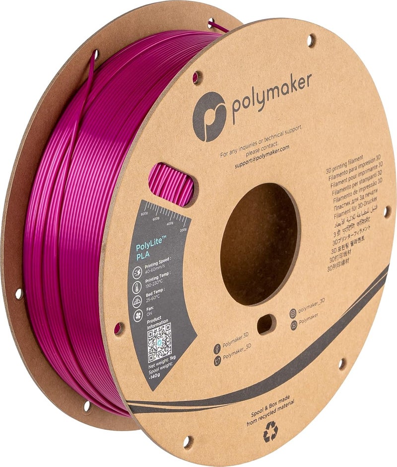 polymaker خيوط PLA حريرية 1.75 مم لامعة ماجنتا، 1 كجم على بكرة كرتونية - مادة طباعة ثلاثية الأبعاد PolyLite PLA حريرية ماجنتا لامعة، متوافقة مع معظم الطابعات - Image 1