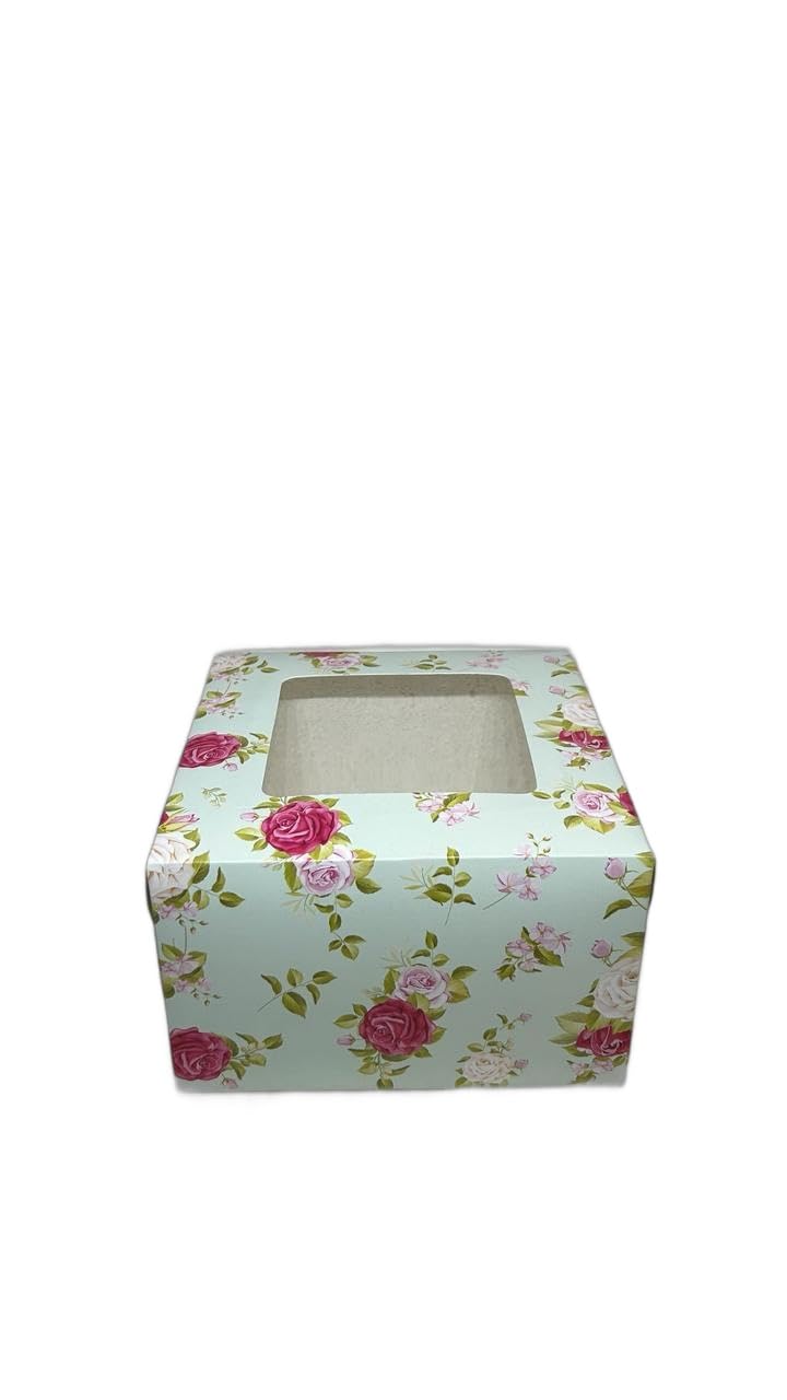 Baekence Baekence Cake box 12 kg Window cake box 8 inch Green small flowers Pink design Pack of 25 pcs - Image 2