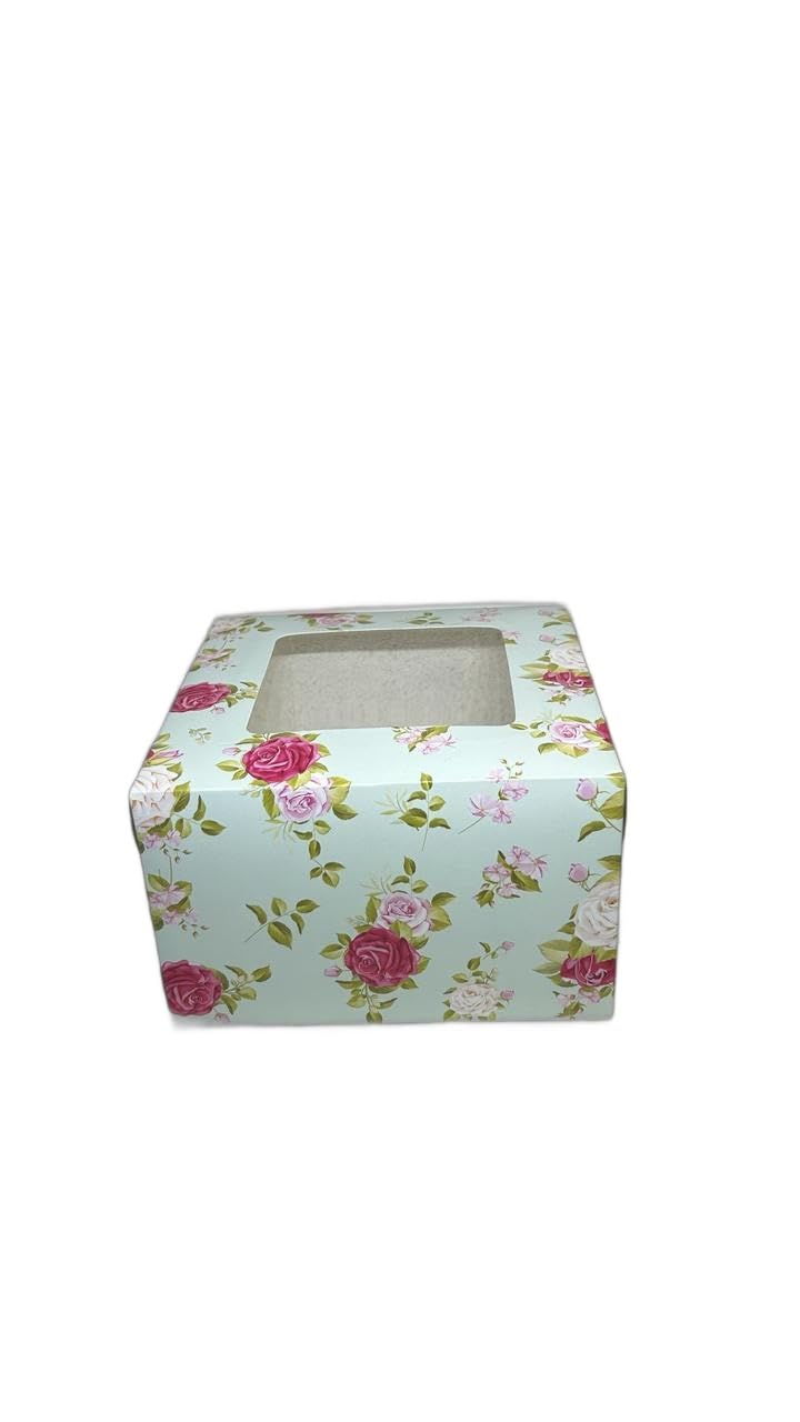 Baekence Baekence Cake box 12 kg Window cake box 8 inch Green small flowers Pink design Pack of 25 pcs - Image 3