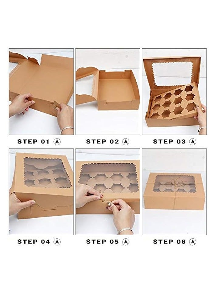 Green Tiger 6-Set Cupcake Boxes Hold 12 Standard Cupcakes, Brown Cupcake Containers, Cupcake Carrier, Food Grade Kraft Cupcake Holders for Cookies - Image 5